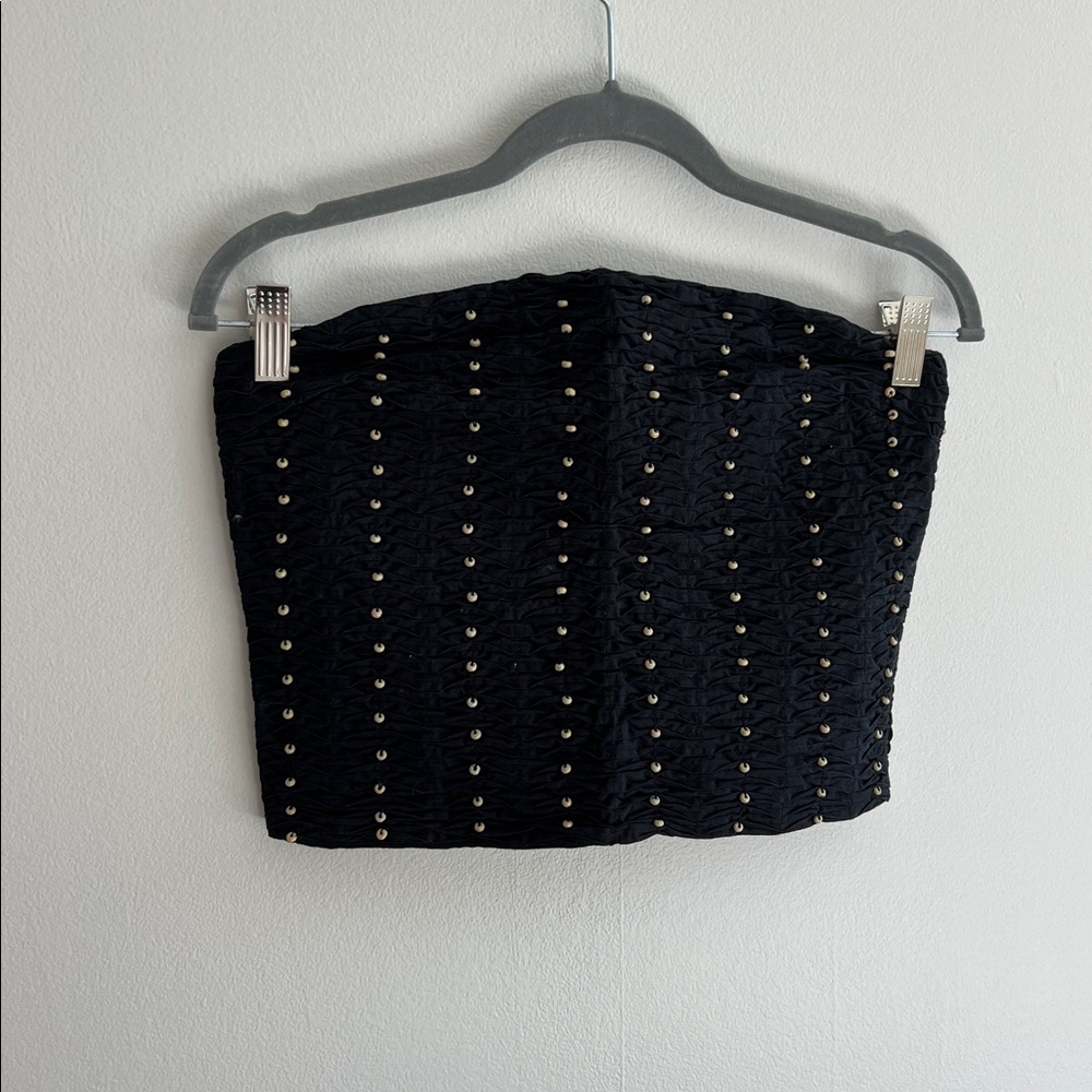 Zara Black Smocked Top with Bead Details